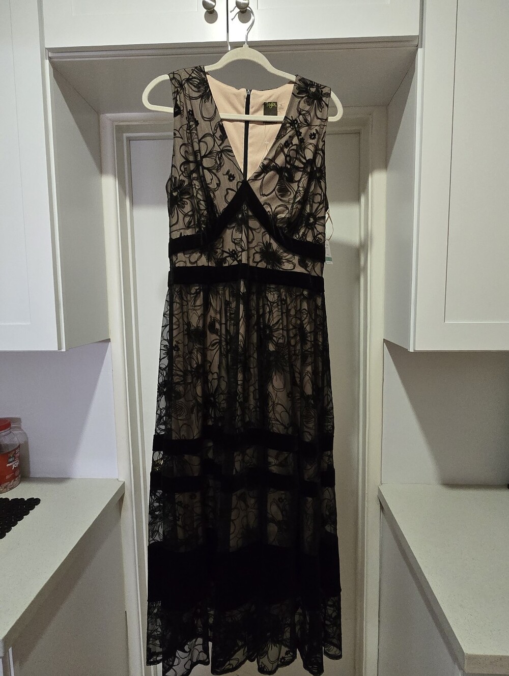 Taylor Black Floral Lace Midi Dress with Nude Underlay - Picture 4 of 16
